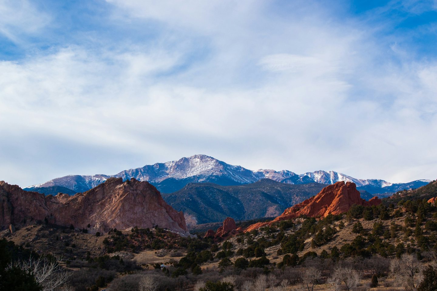 Pikes Peak above the red rocks of Garden of the Gods in Colorado Springs